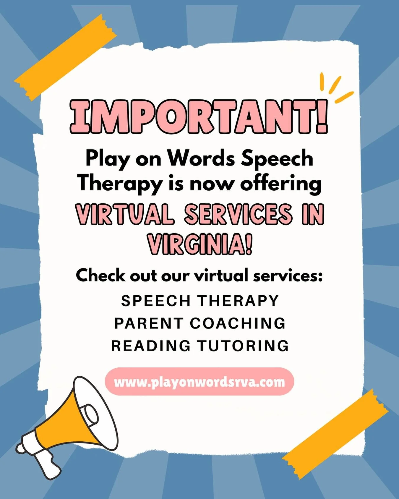 Play on Words Speech Therapy is expanding our services! 🎉🥳 We are now offering a range of VIRTUAL services, offered across the state of Virginia! 

Why virtual? 💻
Virtual services allow us to reach MORE people and provide high-quality speech, lang