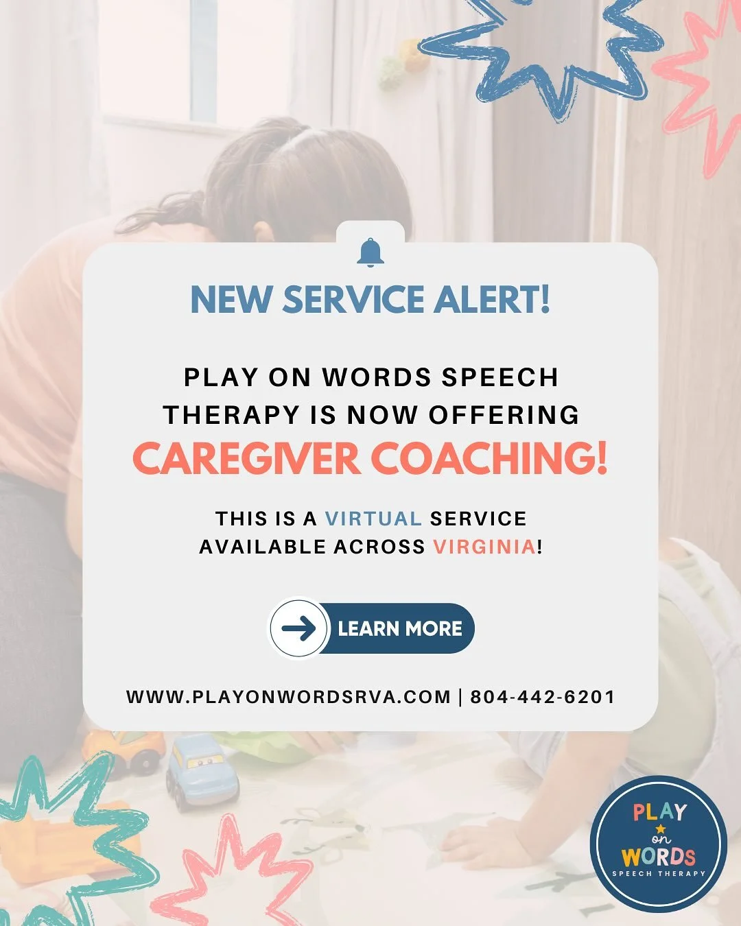 Play on Words Speech Therapy is SO EXCITED to announce a brand new service, offered virtually across Virginia! 

Are you a parent, family member, or caregiver of a toddler or late talker? Do you want to learn how to support their language development