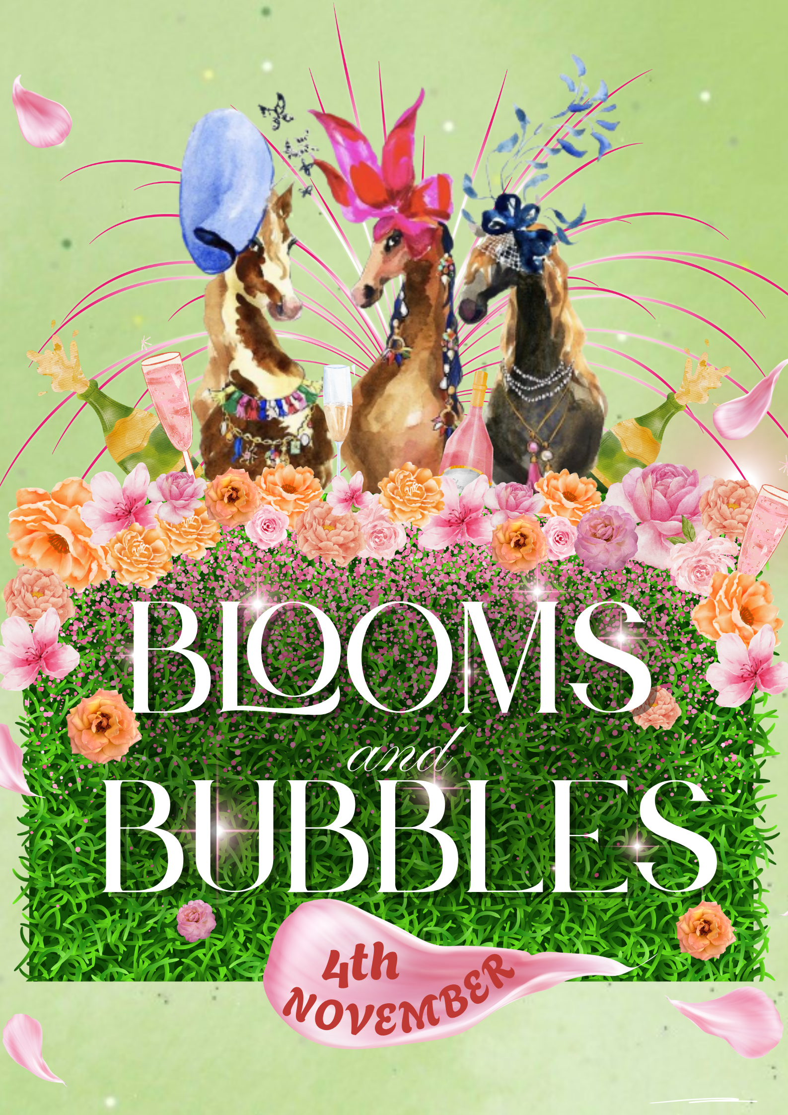 Three decorated horses wearing jewelry and accessories, surrounded by flowers, bubbles, champagne glasses, and a sign that reads "Blooms and Bubbles" promoting an event on November 4th.