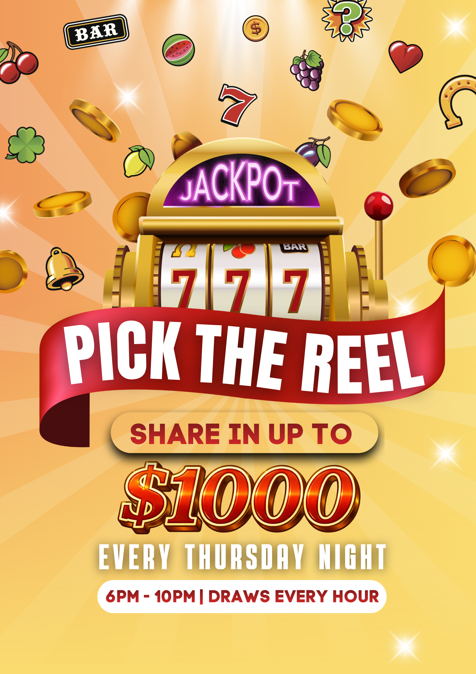A promotional poster for a weekly slot machine game event, featuring a vibrant background with bouncing coins, fruits, and symbols. The central focus is a slot machine displaying three sevens, with a neon sign reading 'JACKPOT' above it. A red banner