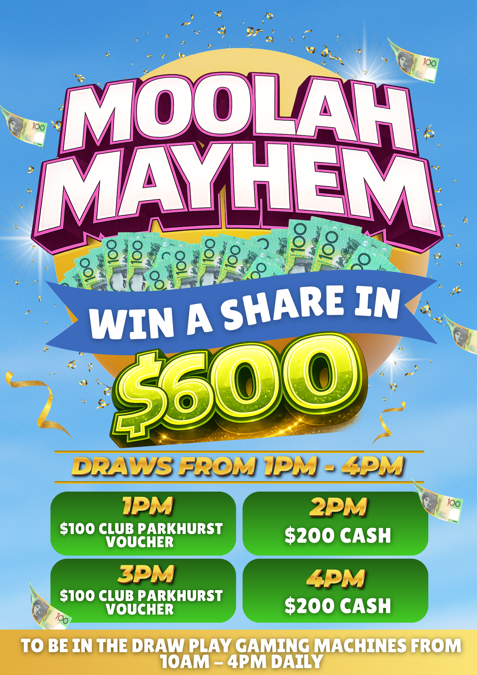 Promotional poster for Moolah Mayhem, a contest with a chance to win a share of 600 dollars. The poster features a bright blue background with falling money and gold confetti. The main text is bold and colorful, highlighting the contest name and priz