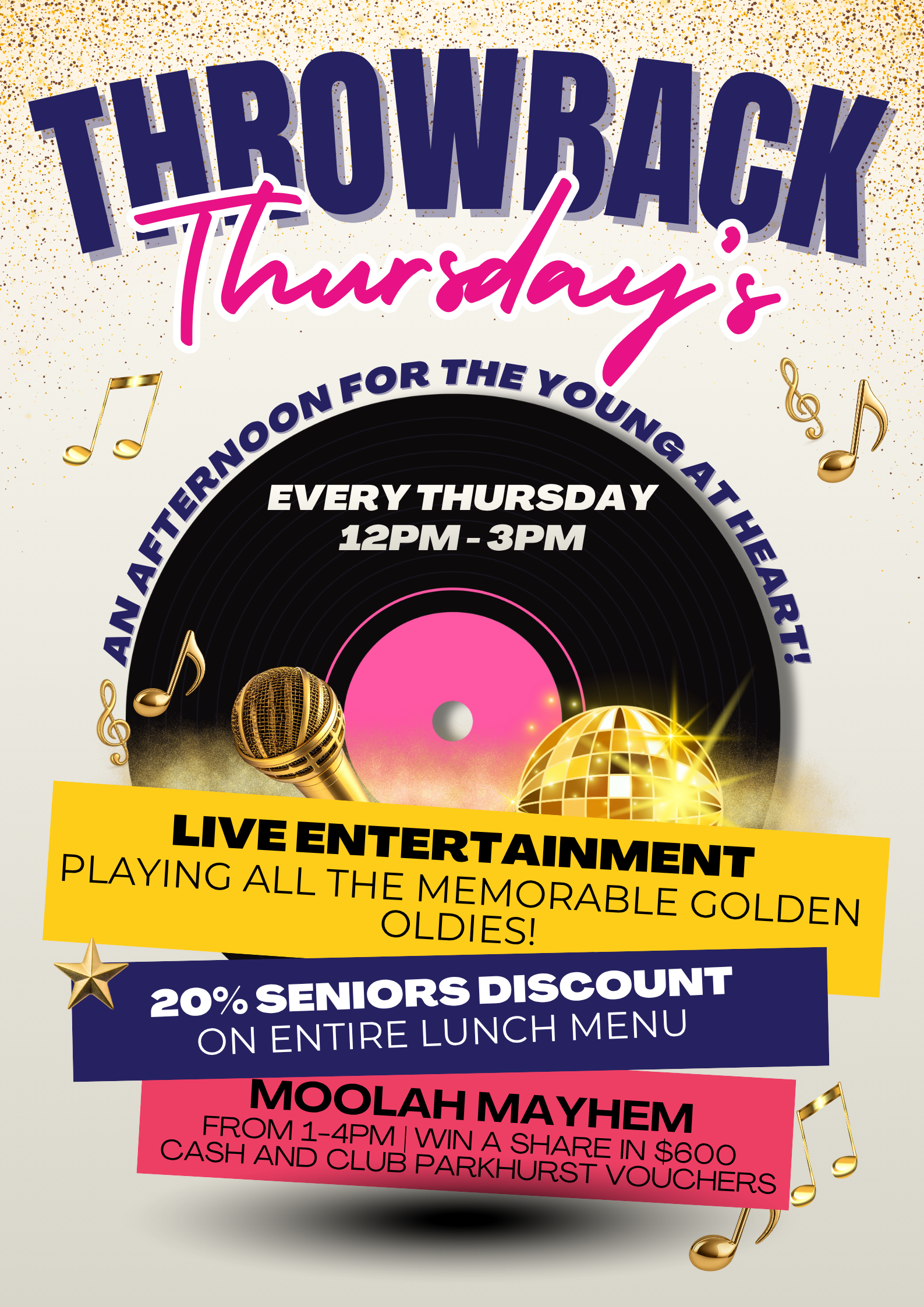 Event poster for Throwback Thursday. Features music-themed graphics, including a microphone, record, disco ball, and musical notes. Details of weekly Thursday events from 12PM to 3PM with live entertainment playing golden oldies, a senior discount, a