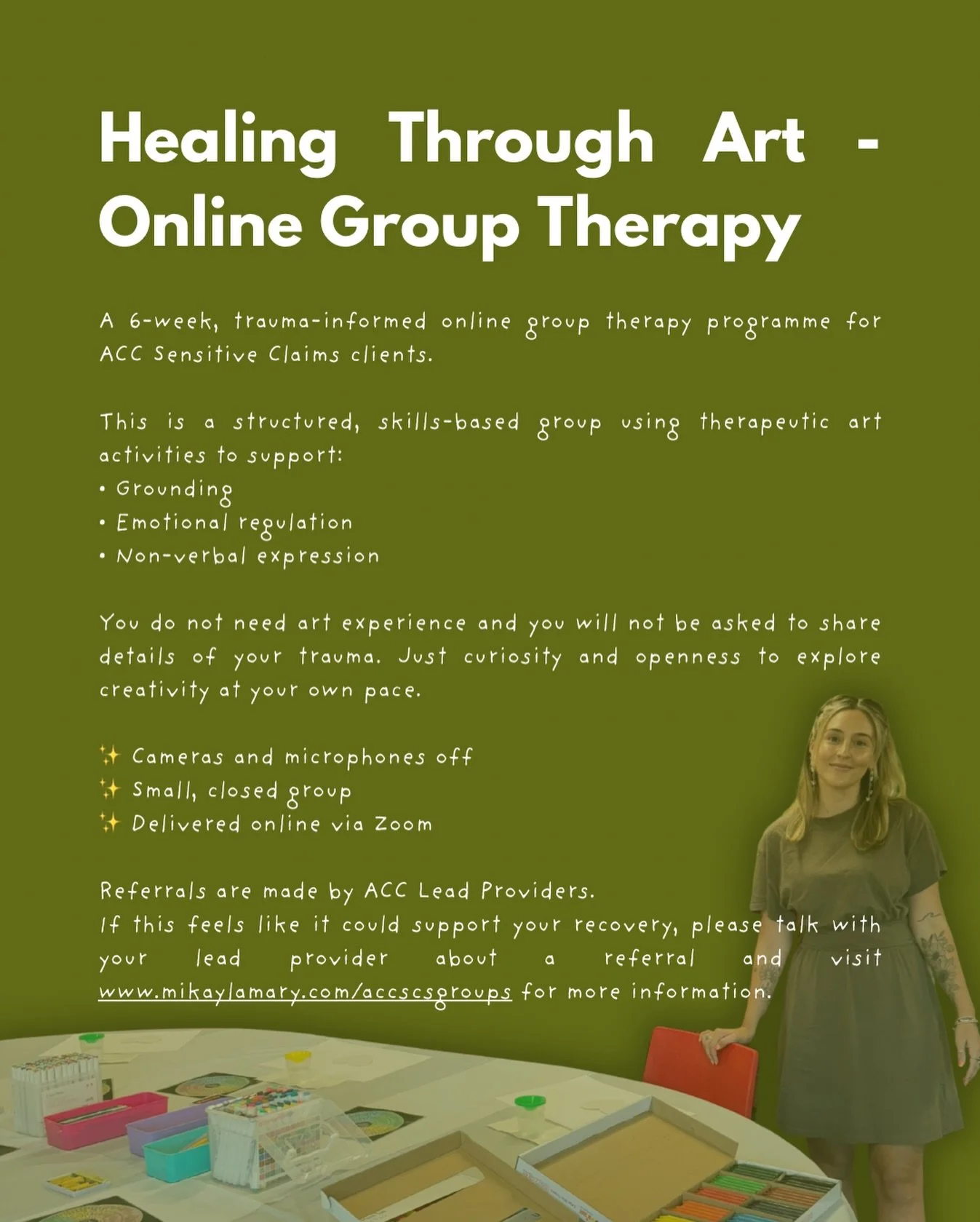 Our online group therapy programme for ACC sensitive claims clients is up and open for enrolments!!! 💫

We begin on the 1st of March and I can&rsquo;t wait to support you to explore therapeutic art and creative practices to support your trauma heali