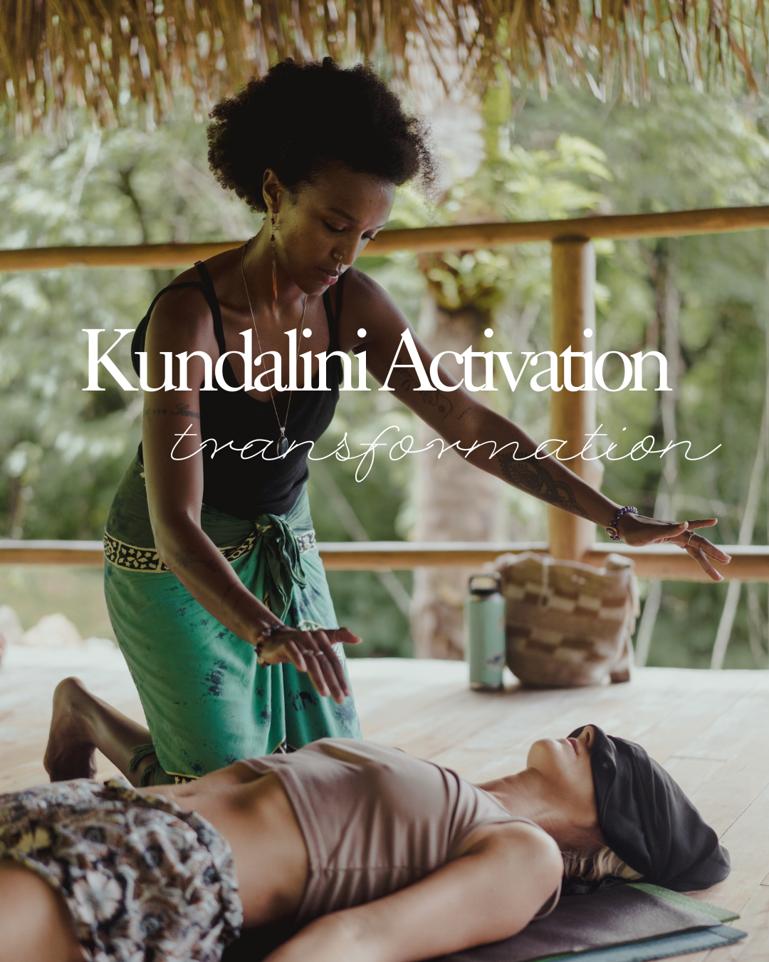 A woman practicing Kundalini activation while lying down with an eye mask, and another woman kneeling beside her with hands in a meditative gesture, outdoors in a natural, bamboo setting.