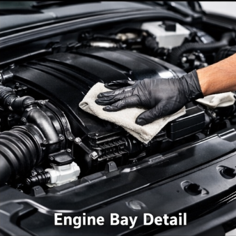 Close-up of a person cleaning a car engine bay with a cloth, wearing black gloves.