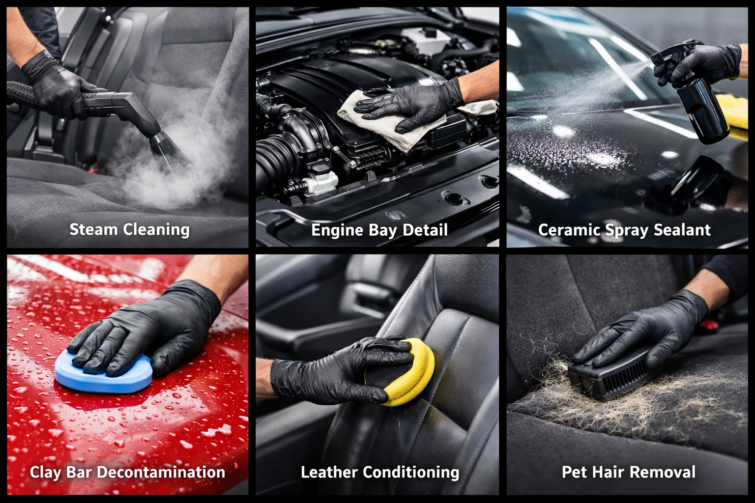 Six images showing automotive cleaning and detailing processes: steam cleaning car seats, cleaning engine bay with cloth, spraying ceramic spray sealant on car, clay bar decontamination on red car, leather conditioning on car seat, pet hair removal from car seat with vacuum.