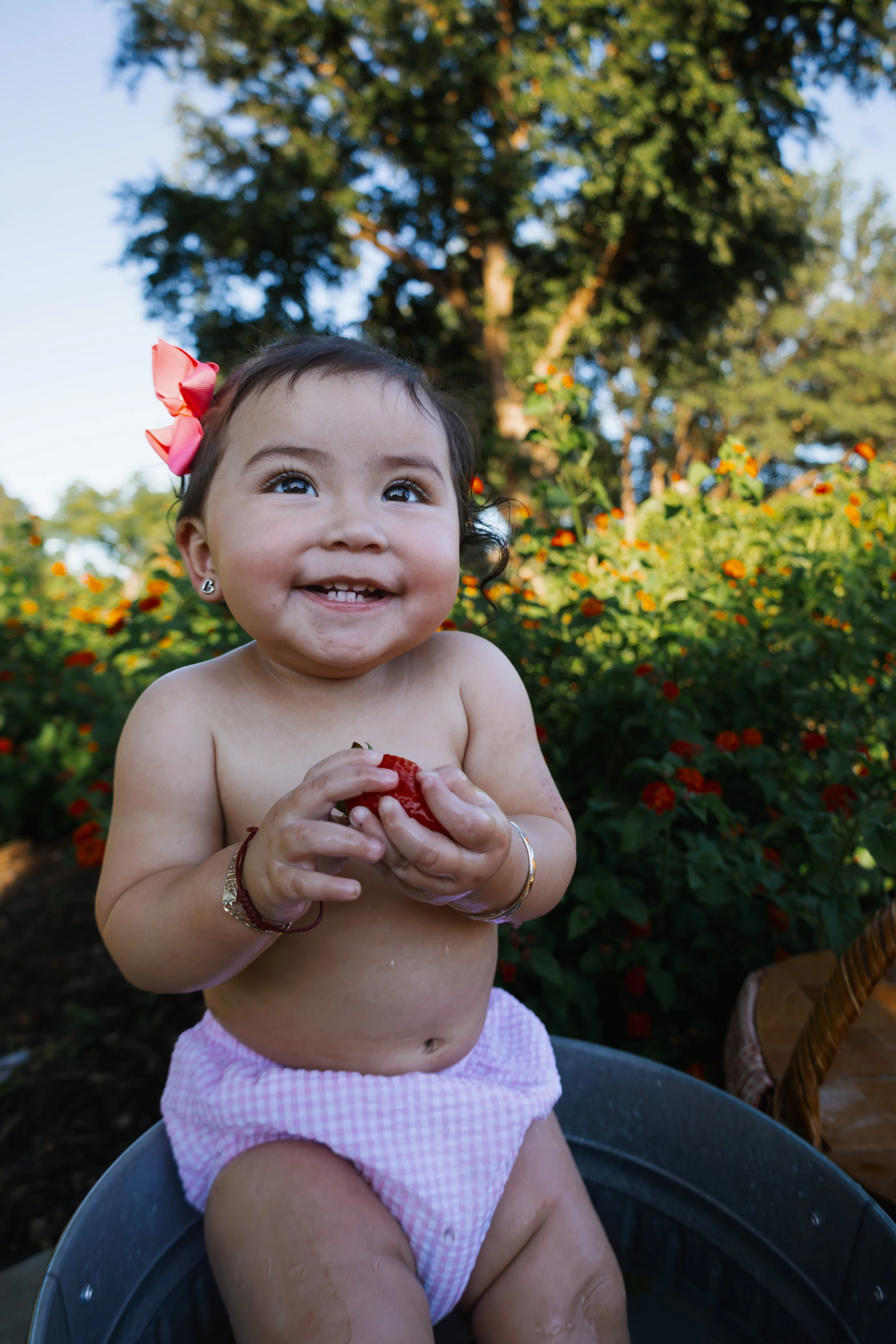 A smiling young girl with dark hair and a pink bow, sitting in a black tub outdoors, holding a strawberry, surrounded by blooming orange flowers and trees in the background.