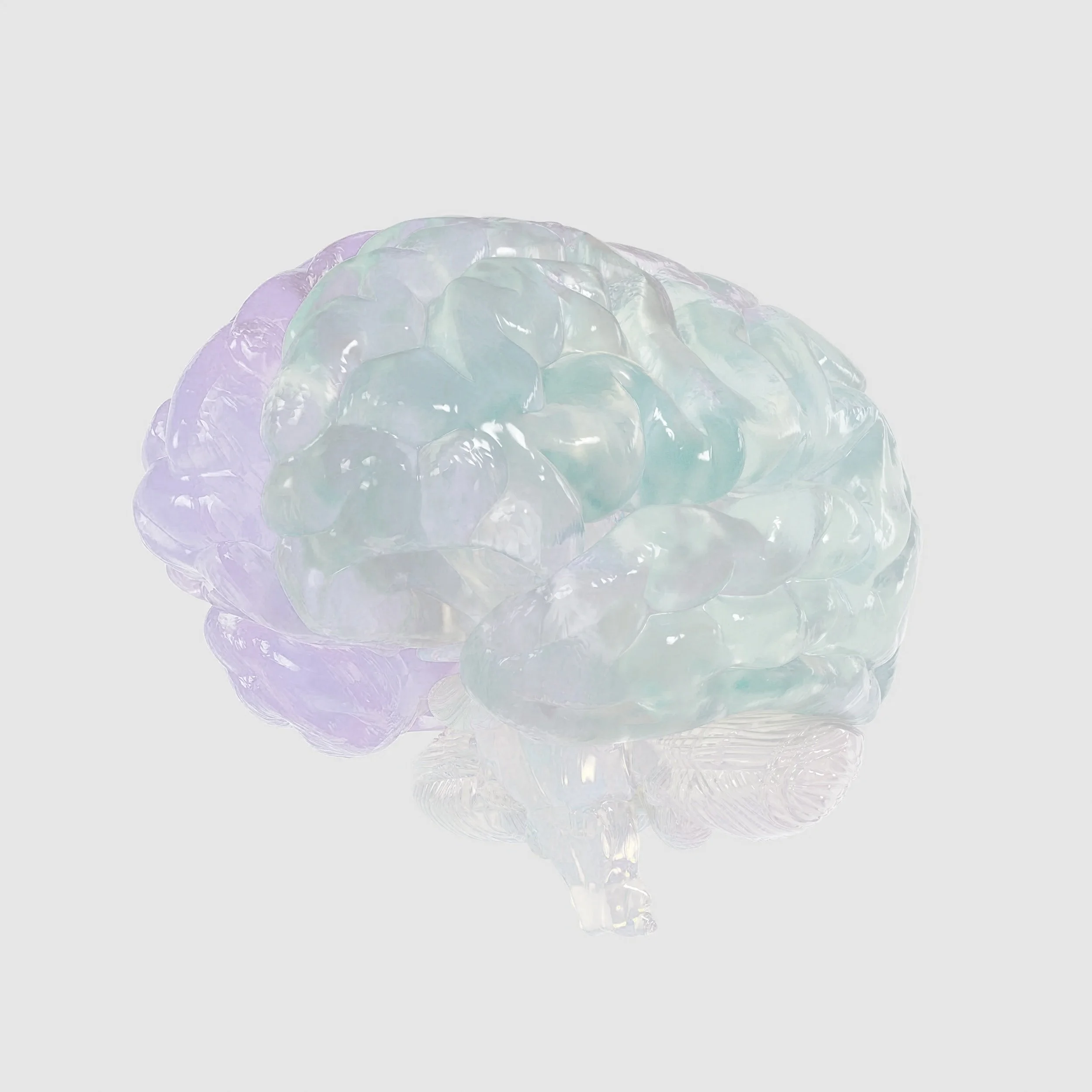 A colorful, iridescent 3D model of a human brain with a glossy, bubble-like texture against a plain background.