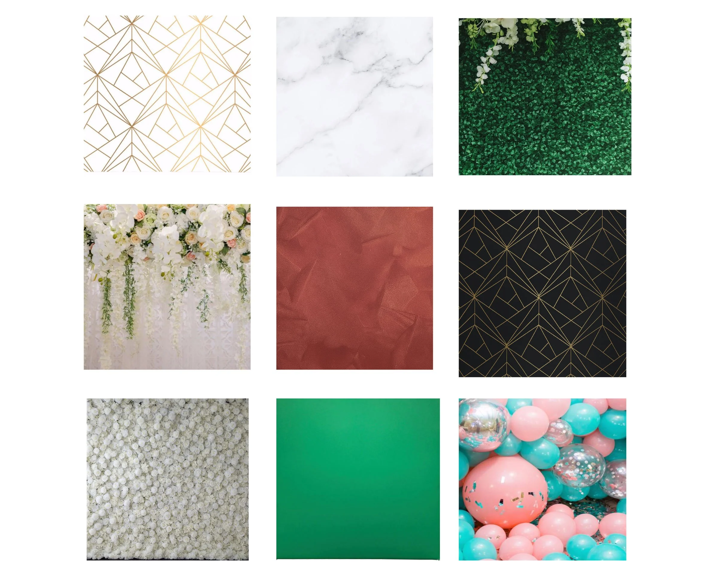 A collage of nine different images including abstract gold geometric patterns, white marble, green foliage, floral arrangement, textured red surface, black with gold geometric lines, white flowers, solid green, and pink and blue balloons with confetti.
