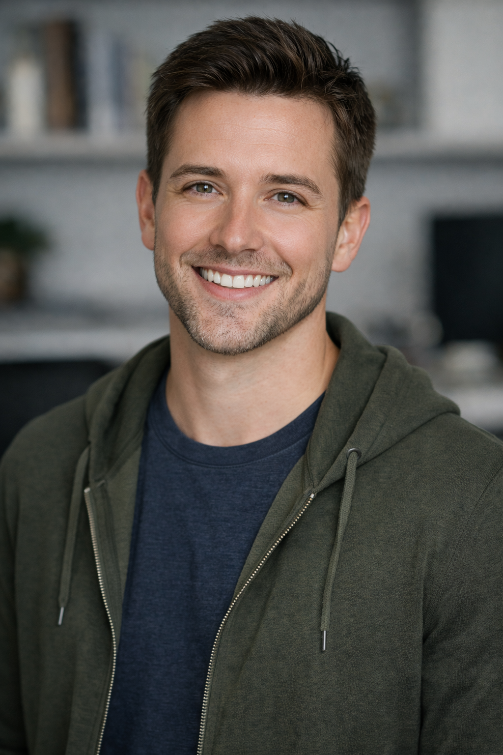 Black and white photo of a young man with dark hair, looking at the camera with a neutral expression, sitting indoors with shelves and bottles in the background.