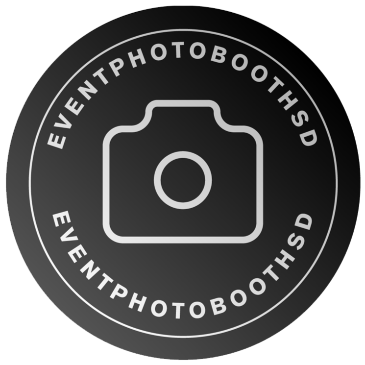 Black circular badge with a camera outline in the center, surrounded by the text 'EVENTPHOTOBOOTHSD' repeated twice around the edge.
