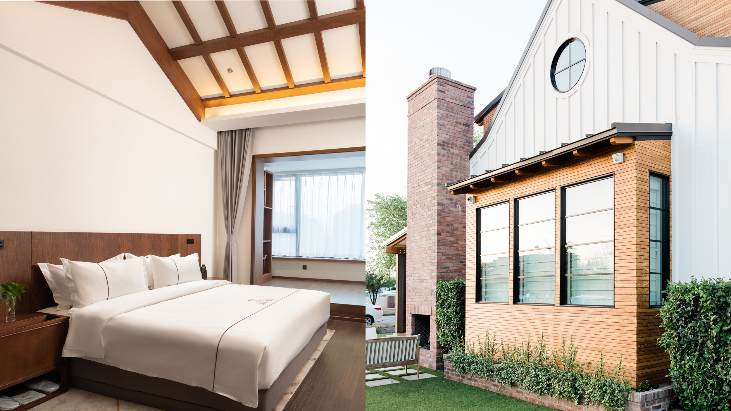 Split image showing an interior bedroom with wood accents and a modern exterior house with brick and white siding.