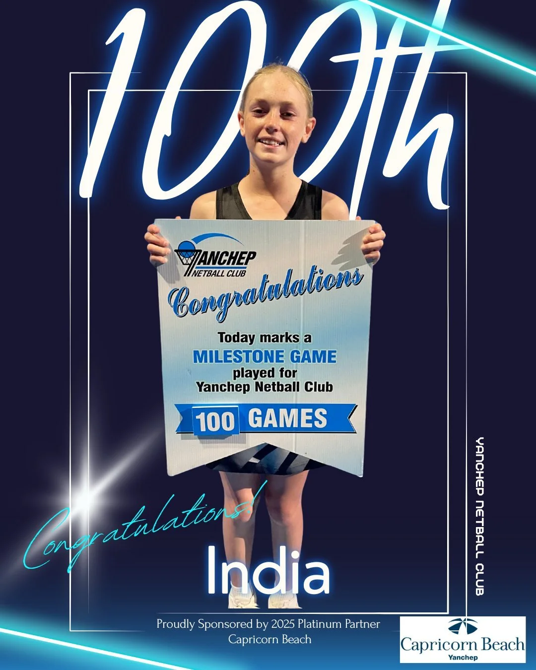 ✨100th Milestone✨
💙🖤Congratulations India!💙🖤
When India first took to the court for Yanchep Netball Club in 2021 at the tiny age of 7, it was clear that she was a natural. Her passion for the game and her dedication to our club have been unwaveri