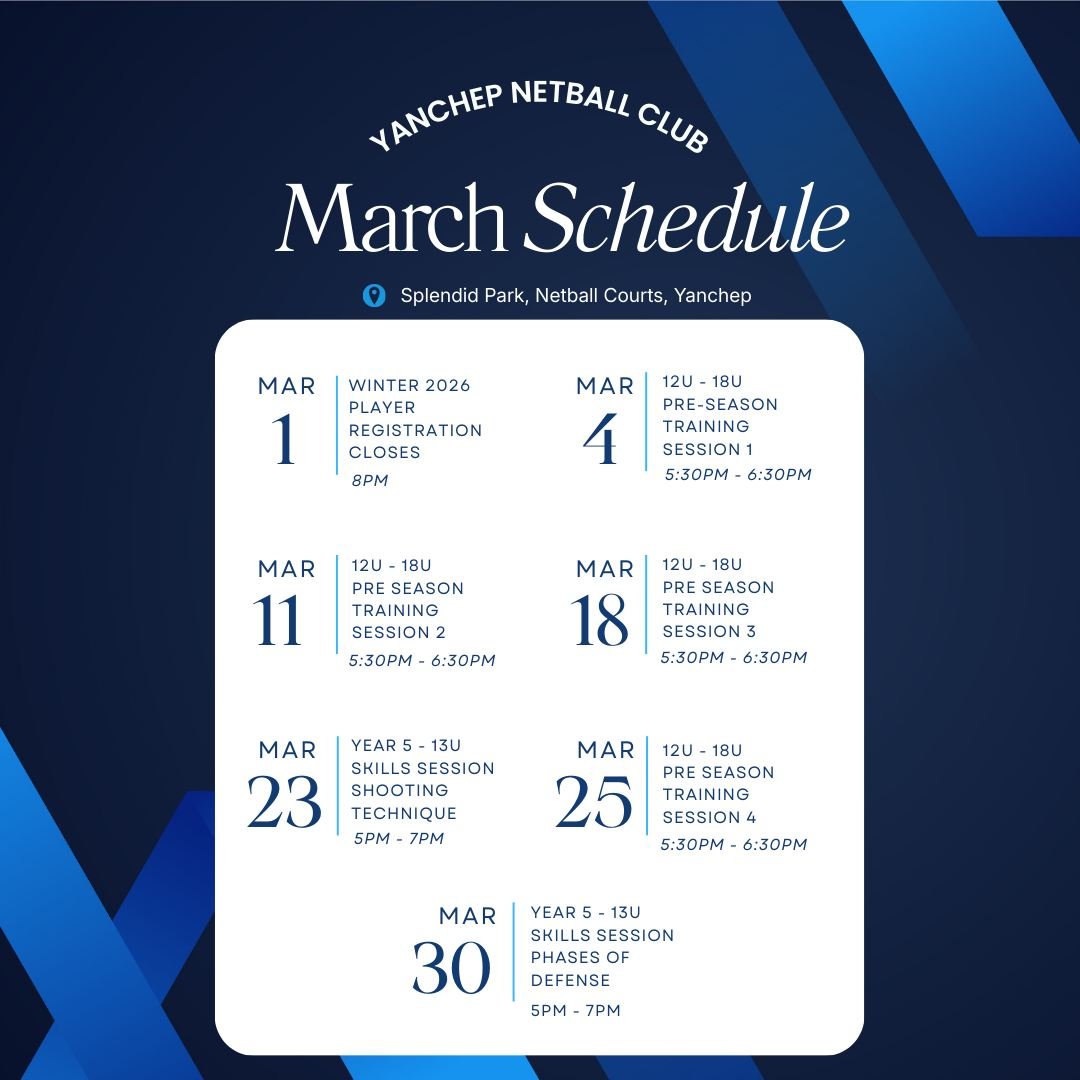 📅 What&rsquo;s coming up this March:
✔️ 12U - 18U Pre season training sessions
✔️ Year 5 - 13U Skills sessions

📌All sessions are run at Splendid Park Netball Courts, Yanchep.

Year 5 - 13U Skills sessions, please kindly register your interest as s