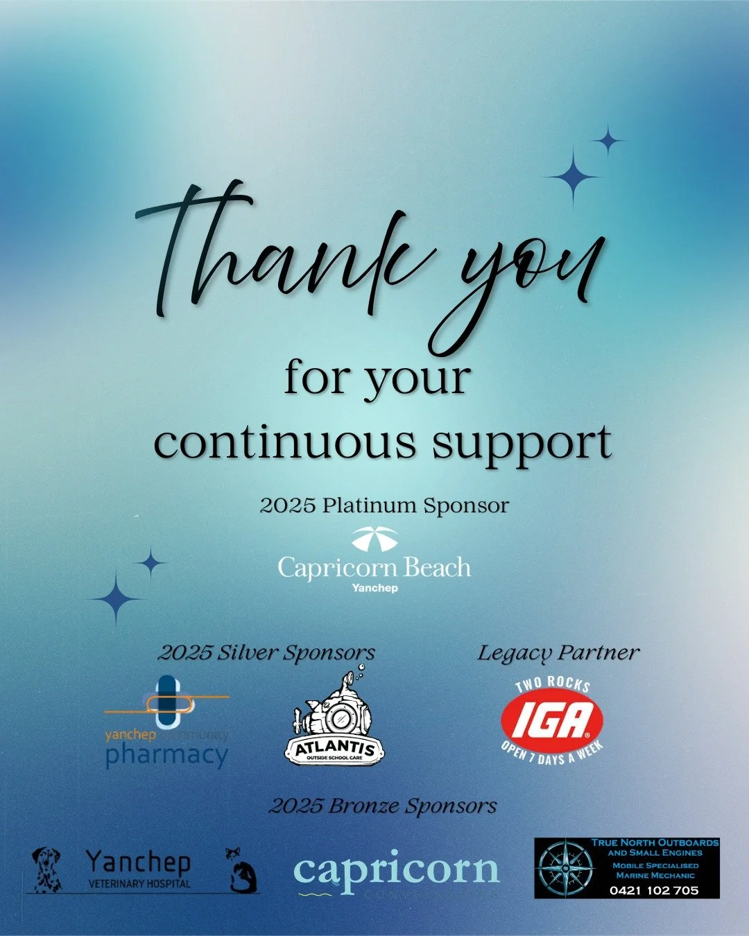 💙 Thank You to Our 2025 Sponsors 💙

At Yanchep Netball Club, our community is at the heart of everything we do &mdash; and our sponsors are a huge part of that story.

We are incredibly grateful for the ongoing support of our amazing 2025 partners.