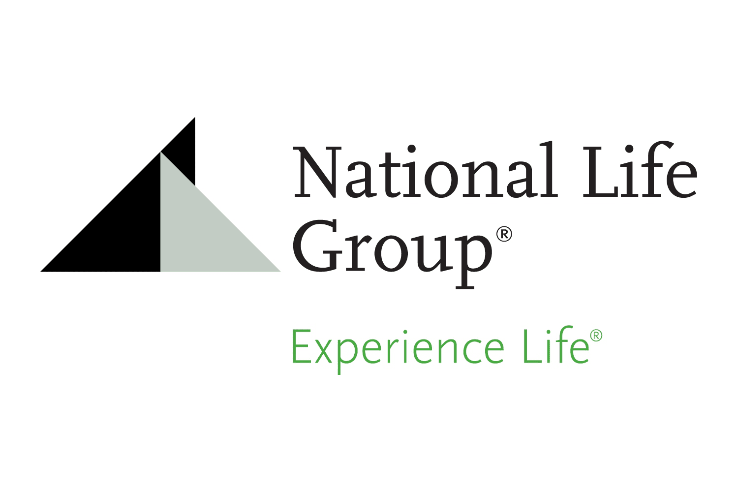 Logo of the National Life Group featuring a black-and-gray triangular emblem and the words "National Life Group" in black, with the tagline "Experience Life" in green.