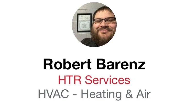 Business card for Robert Barenz from HTR Services, HVAC and heating and air.