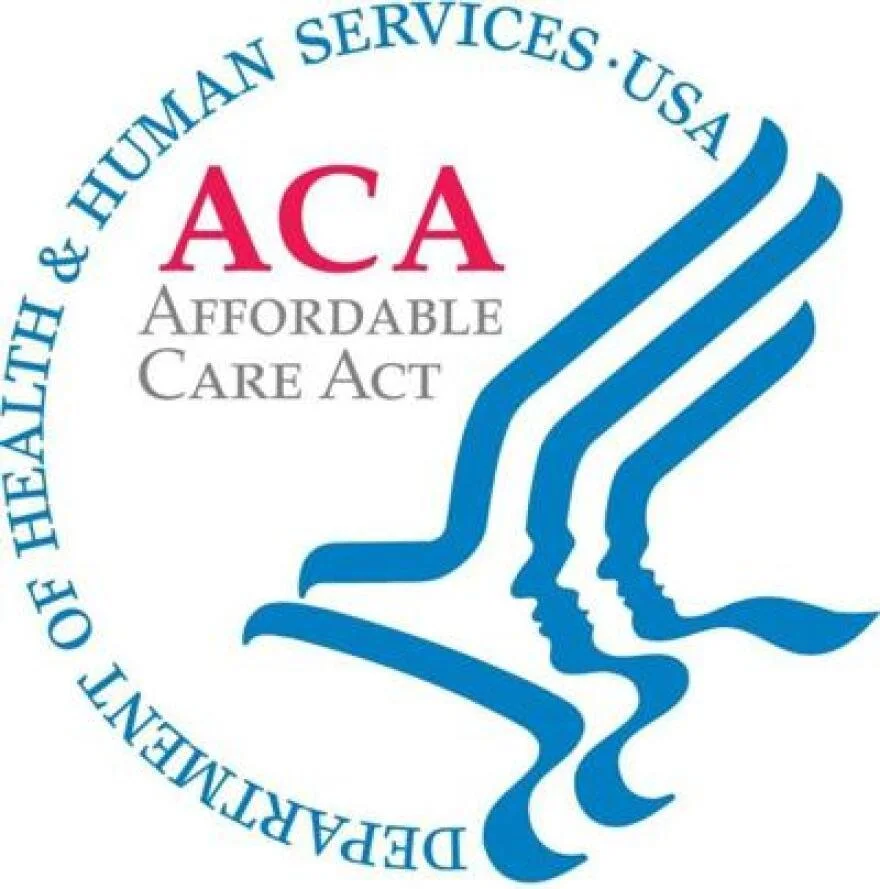 Logo of the Affordable Care Act with the words "ACA" in red and the full name in black, with a blue stylized outline of three human profiles and a circle of text around it that reads "Department of Health & Human Services, USA".