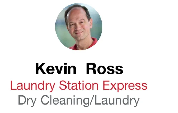 Business card with a photo of Kevin Ross and text that reads 'Kevin Ross, Laundry Station Express, Dry Cleaning/Laundry'.