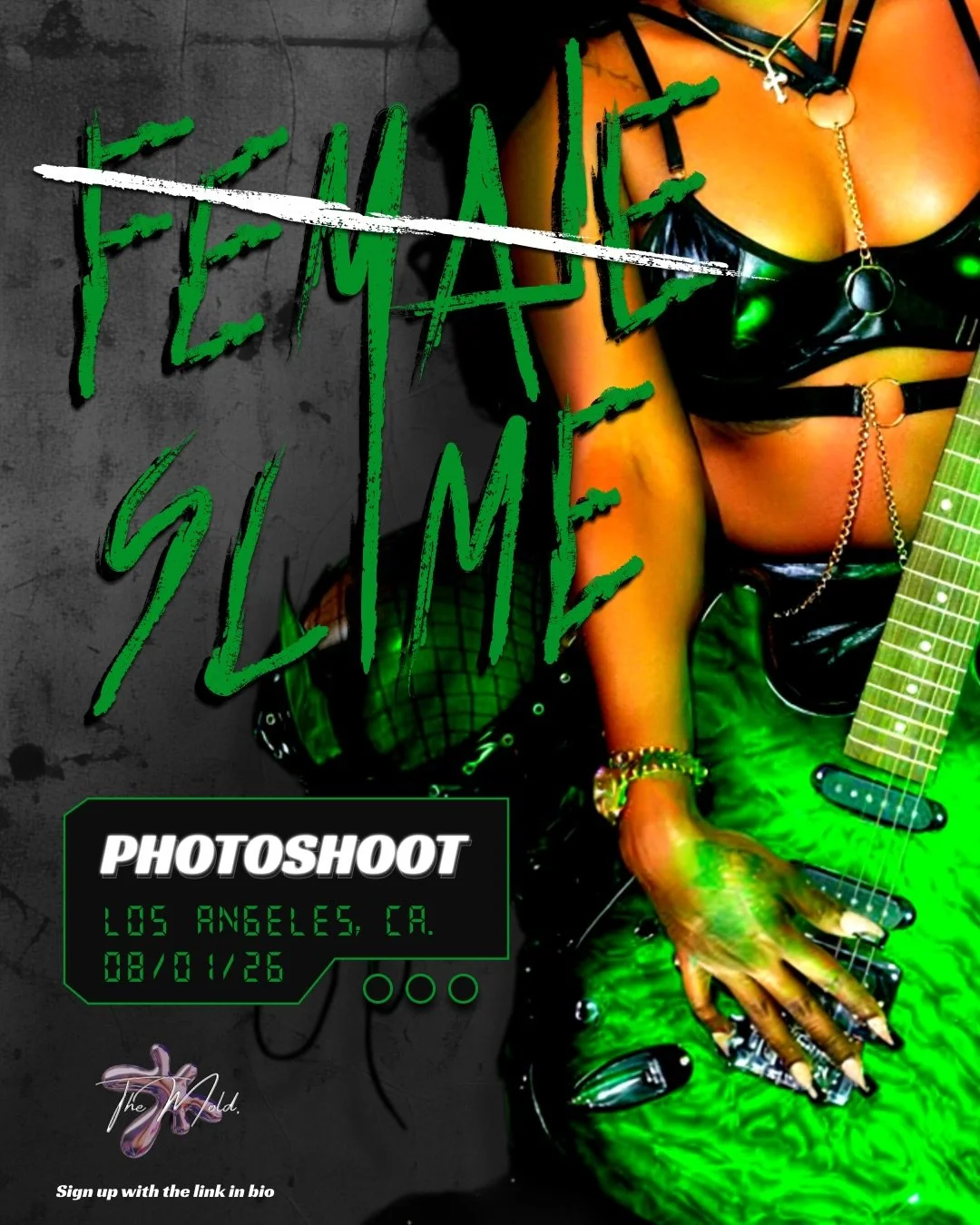 Get SLIMEY in black leather and lime for an all&mdash;girls shoot on August 1st! 💜

Creative Direction &amp; Customs By: 
@bigtaylaaa 
@liyahscustomeffect 

✅ Sign up with the link in our bio!

⏰ Sign ups close July 22nd

Follow @themold._ for more 