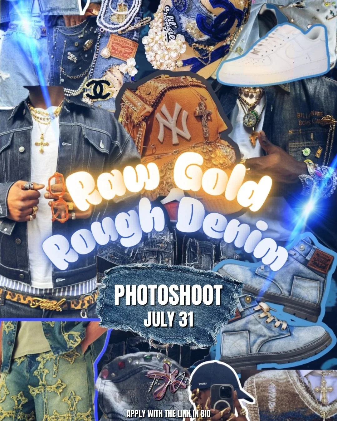 So, you think you raw?! Make it known at our Raw Gold &amp; Rough Denim shoot, July 31st&mdash;OPEN TO ALL! 💜 
 

Creative Direction &amp; Graphic By: @exoticcbarbiee 

✨Want custom pieces for your fit? ✨:
$10 for a custom tie 
$10 for a custom hair