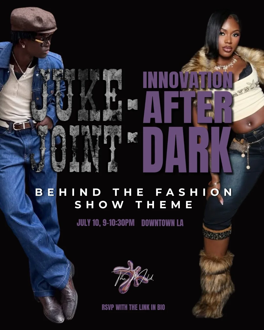 Tomorrow, the Juke Joint comes alive! 💃🏾💜🕺🏿 RSVP with the link in bio 🔗
-
-
Featuring:
✦ Fashion Show
✦ Live Performances
✦ The Re-Mold. Night Market
✦ Food + Community

Designers 🖊️ 👔:
@resikel__ 
@richh.minds 
@eazylovesyou 
@artcosts_ 
@co