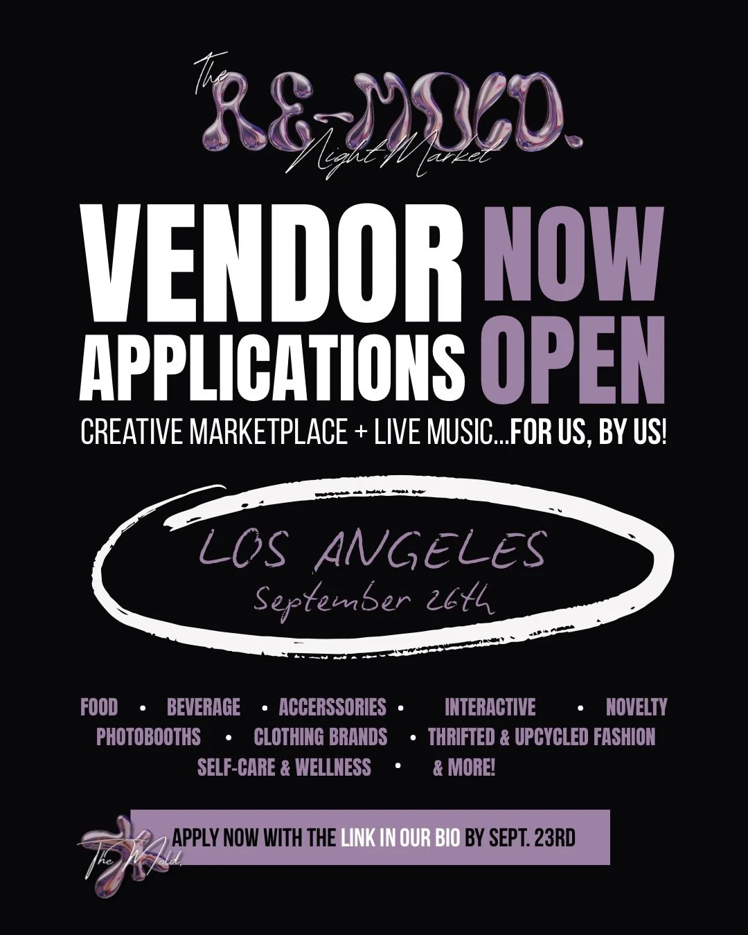 The Re-Mold. night market is BACK on September 26th! Apply to vend NOW with the link in bio 💜 

📍  Location: 417 S. Hewitt St., Los Angeles

🗓️ Date: Saturday, September 26th

⏰  Time: 5pm&mdash;11pm

✅ Sign up with the link in our bio!

Follow @t