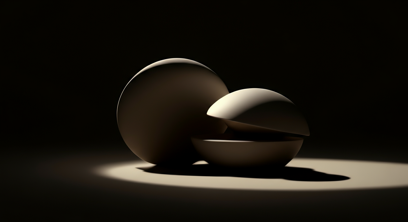 Three black and white abstract spheres, one partially open, casting shadows on a light surface, against a dark background.