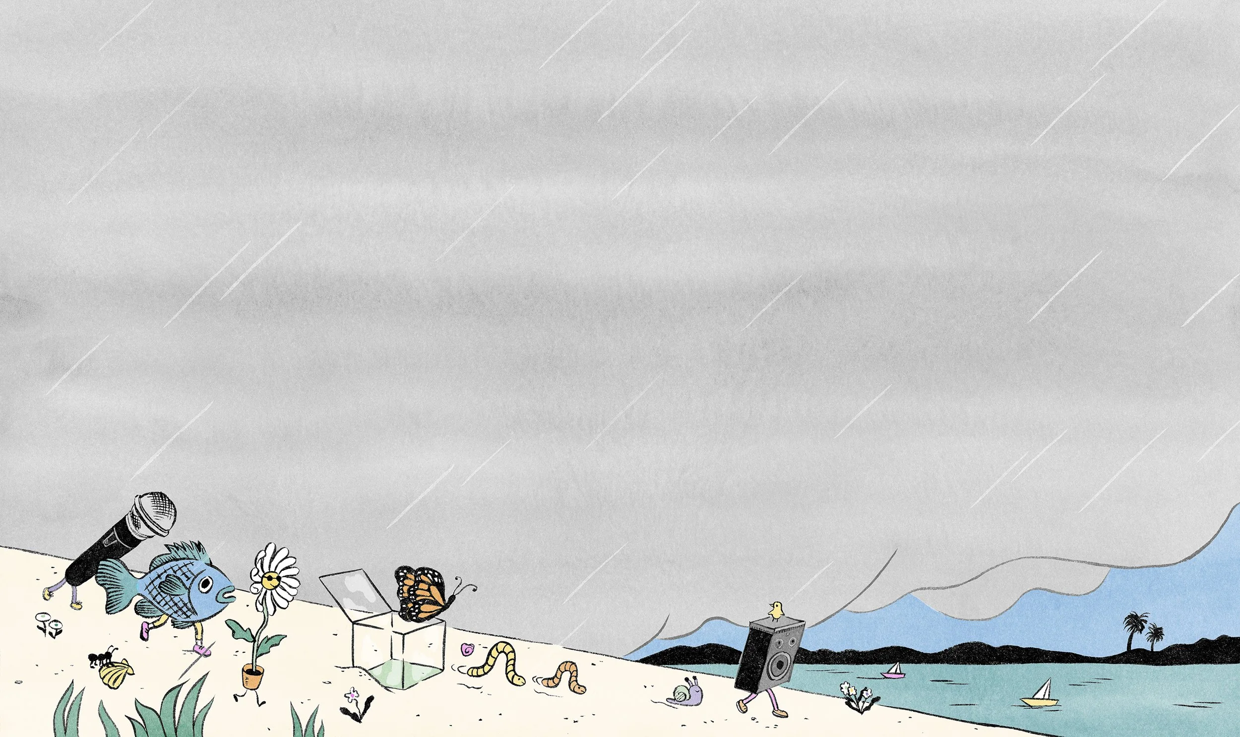 Spread illustration for a short story by Ben Greenman: How She Wrote "Raised Eyebrows." Art director: Tajja Isen, Client: Orion Magazine, Autumn 2025