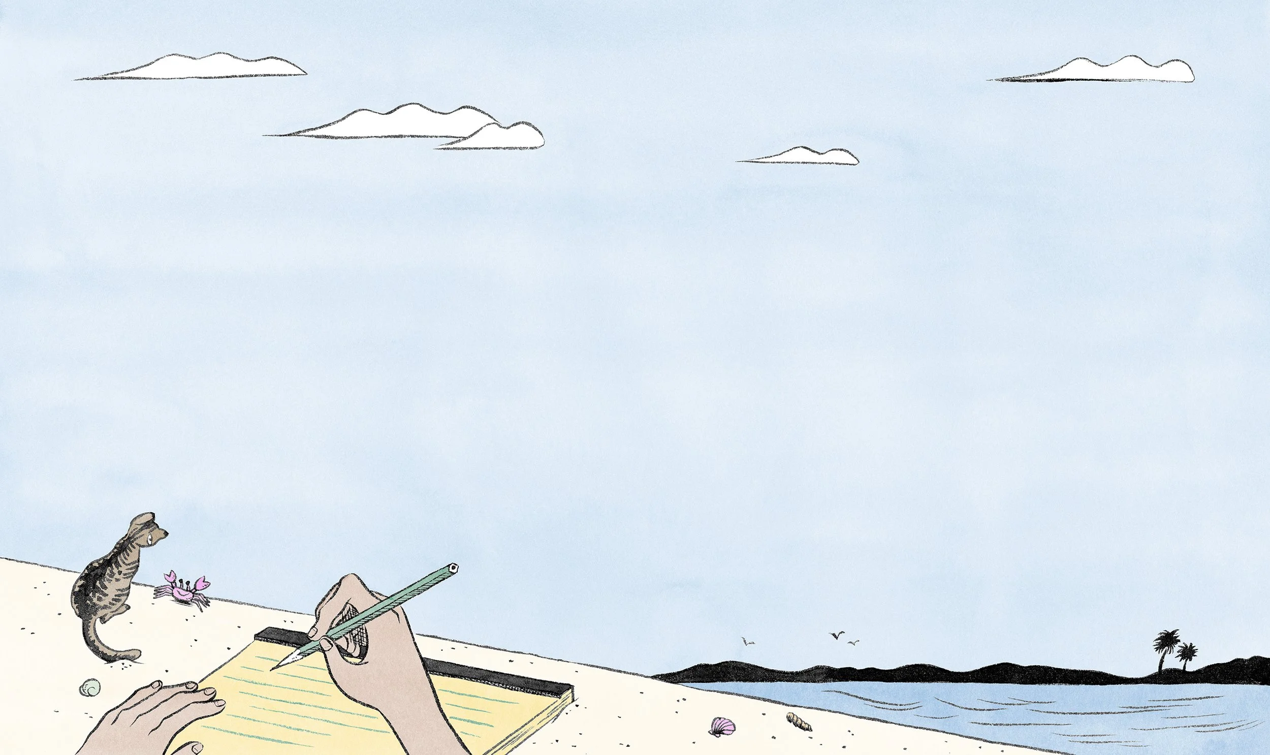Spread illustration for a short story by Ben Greenman: How She Wrote "Raised Eyebrows." Art director: Tajja Isen, Client: Orion Magazine, Autumn 2025