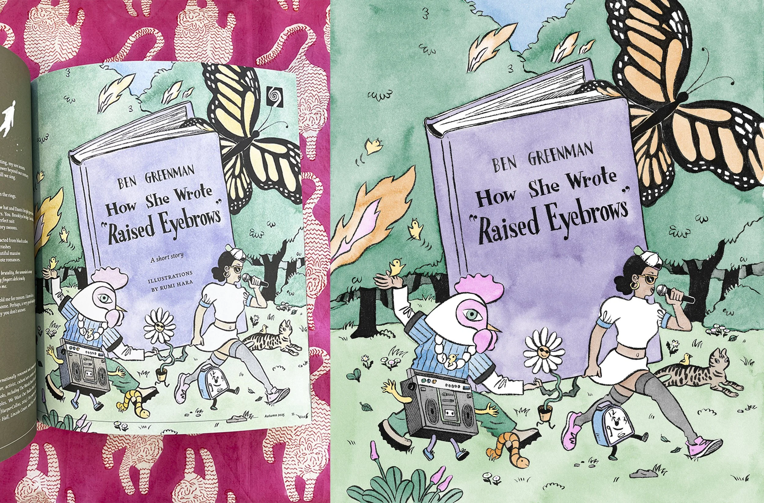 Title page illustration for a short story by Ben Greenman: How She Wrote "Raised Eyebrows."  Art director: Tajja Isen, Client: Orion Magazine, Autumn 2025