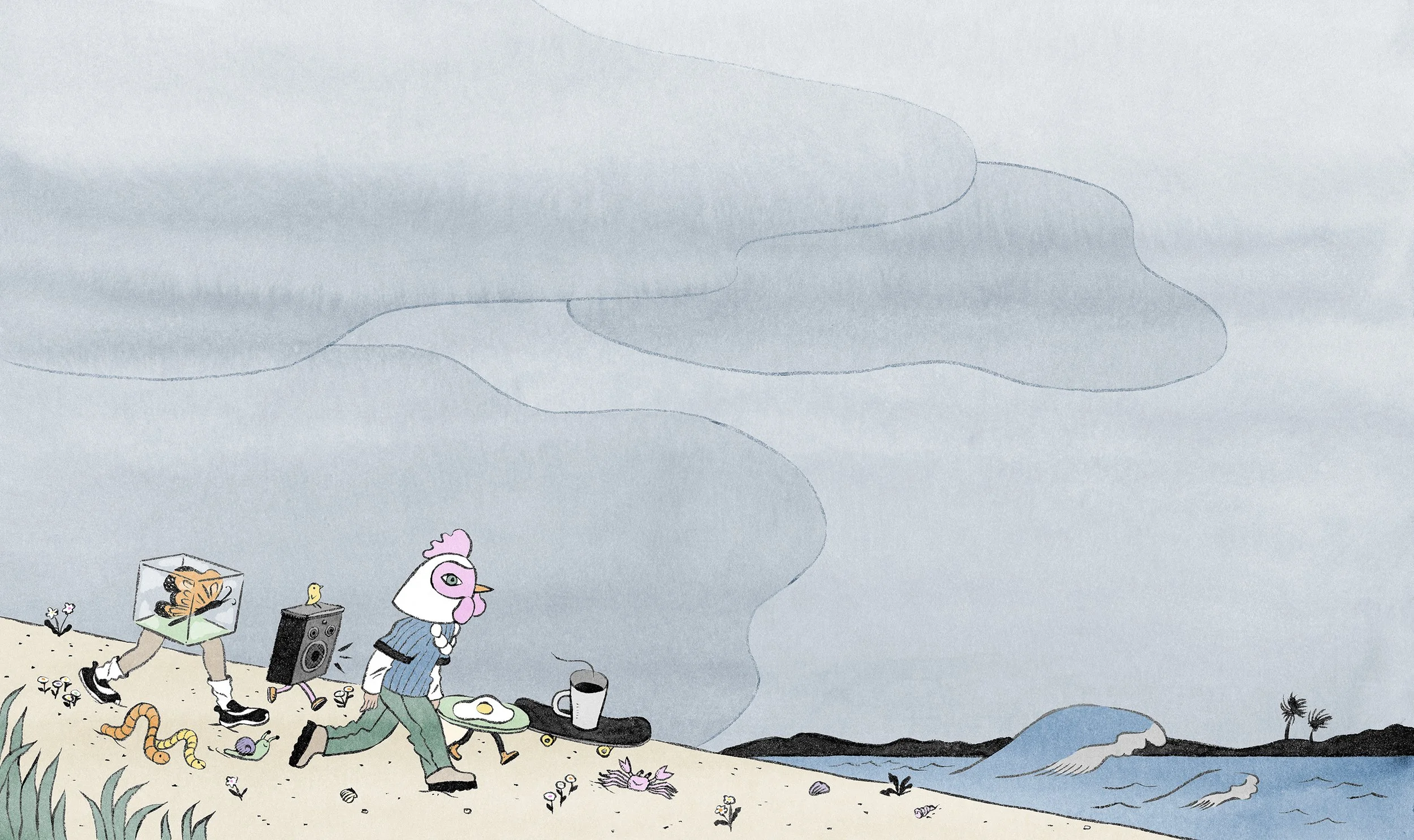 Spread illustration for a short story by Ben Greenman: How She Wrote "Raised Eyebrows." Art director: Tajja Isen, Client: Orion Magazine, Autumn 2025