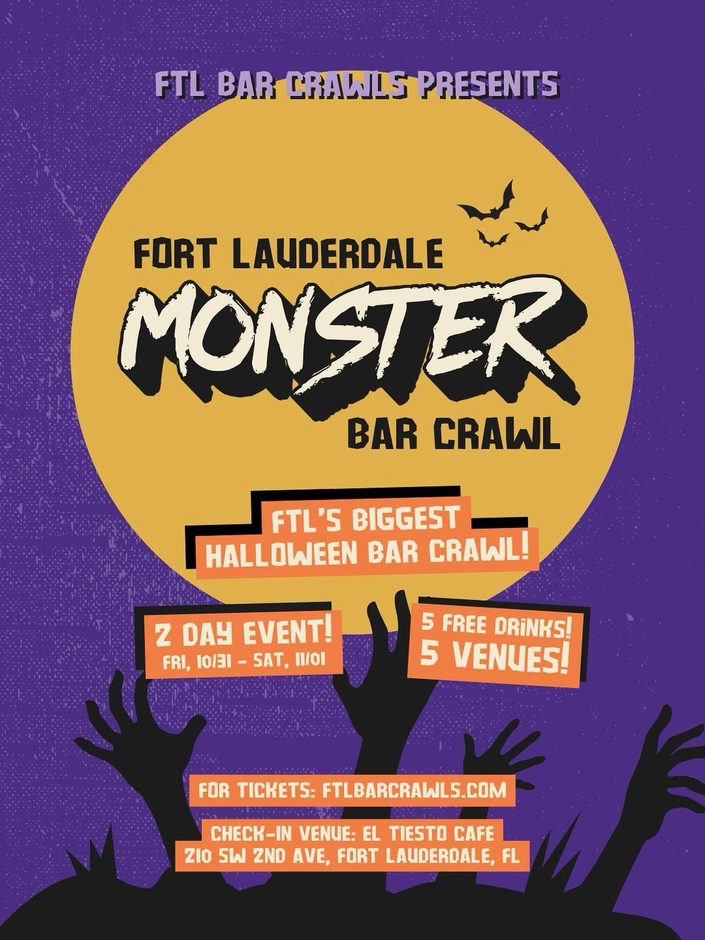 🧟&zwj;♂️ Fort Lauderdale&hellip;the Monster Bar Crawl has arrived. FTL&rsquo;s wildest Halloween party is coming for two nights of madness:  
🎃 5 FREE drinks  🍸 5 spooky venues  🎟️ Early Bird tickets LIVE NOW  👻 October 31 + November 1 
Get read