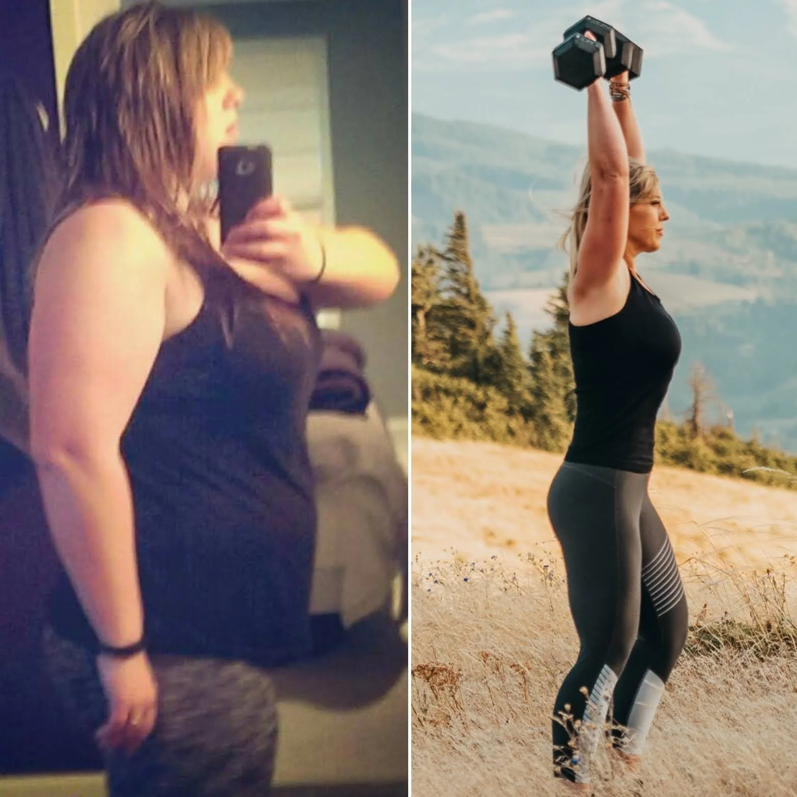 A profile view of overweight Laura, next to a picture of her profile now