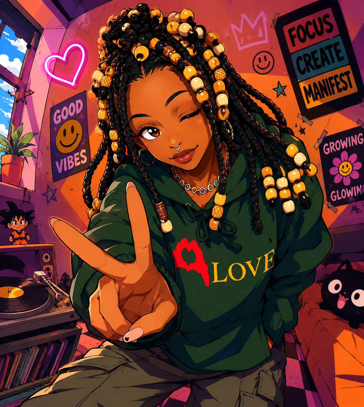 A young woman with long, braided hair adorned with yellow and black beads, making a peace sign and winking. She wears a green hoodie with a red heart and the word 'LOVE' on it, and jewelry including a necklace and nose ring. The room has posters with positive messages, a turntable, and plush toys, with sunlight coming through a window.