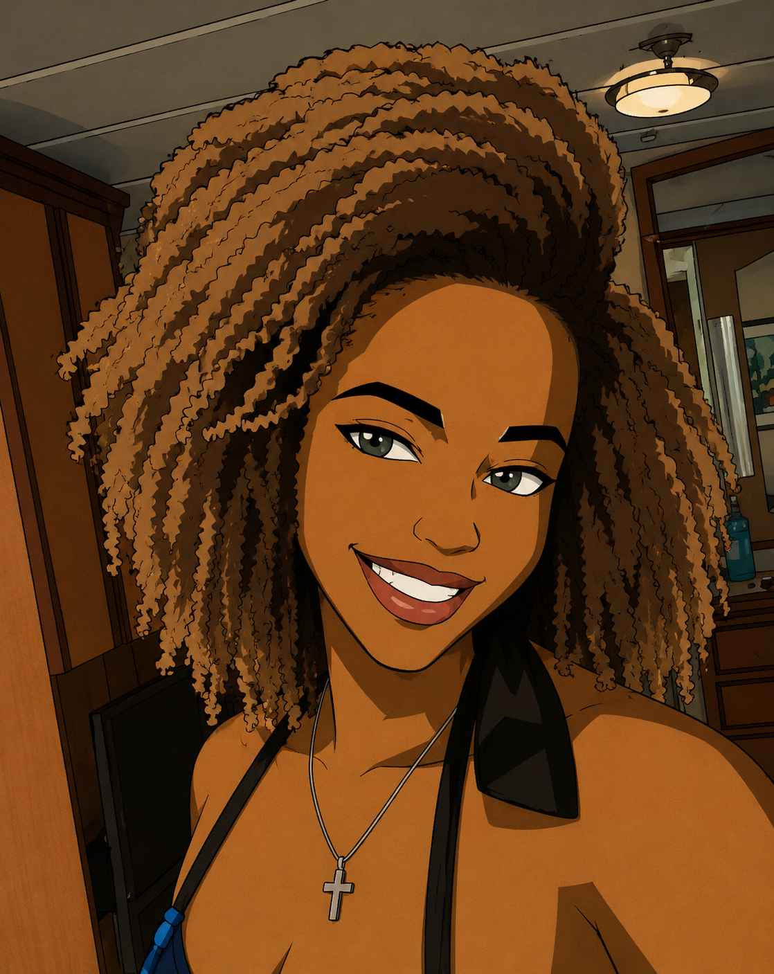 Cartoon of a woman with curly brown hair, wearing a black top with a cross necklace, smiling for a selfie indoors.