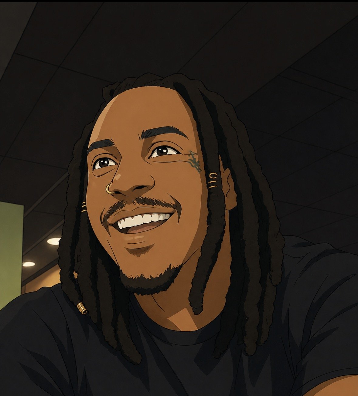 Digital illustration of a smiling man with dreadlocks, a nose ring, and tattoos, wearing a black shirt in an indoor setting.