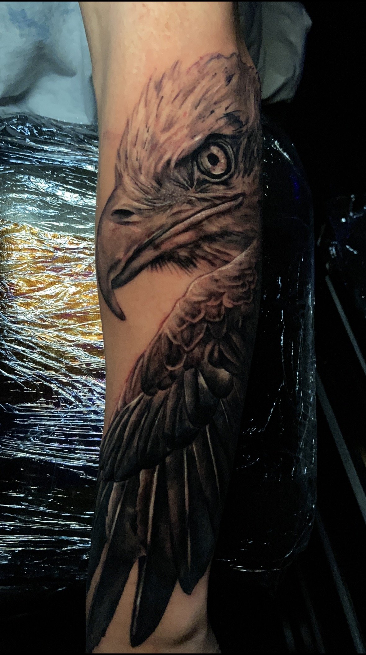 Tattoo of a bird's head on a person's arm.