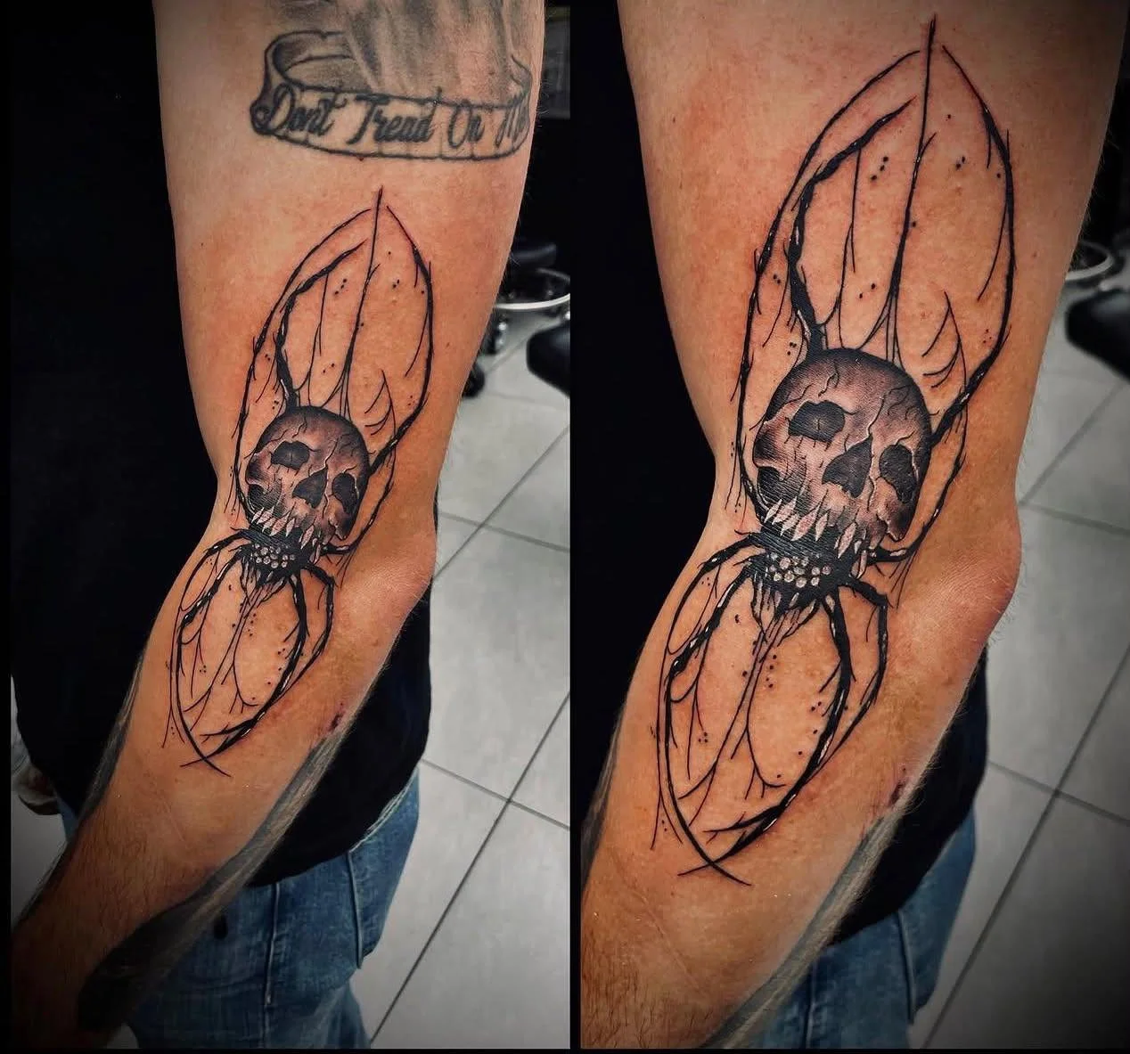 Tattoo of a skull with a distressed look on the elbow, surrounded by abstract linework and shading.