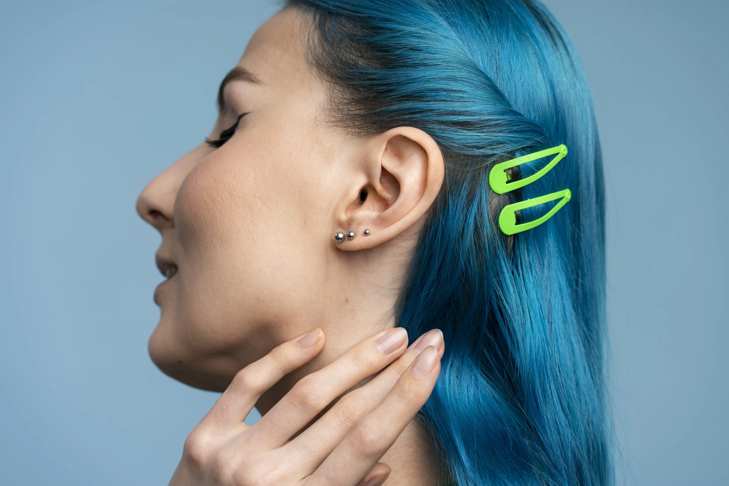 woman with blue hair side view