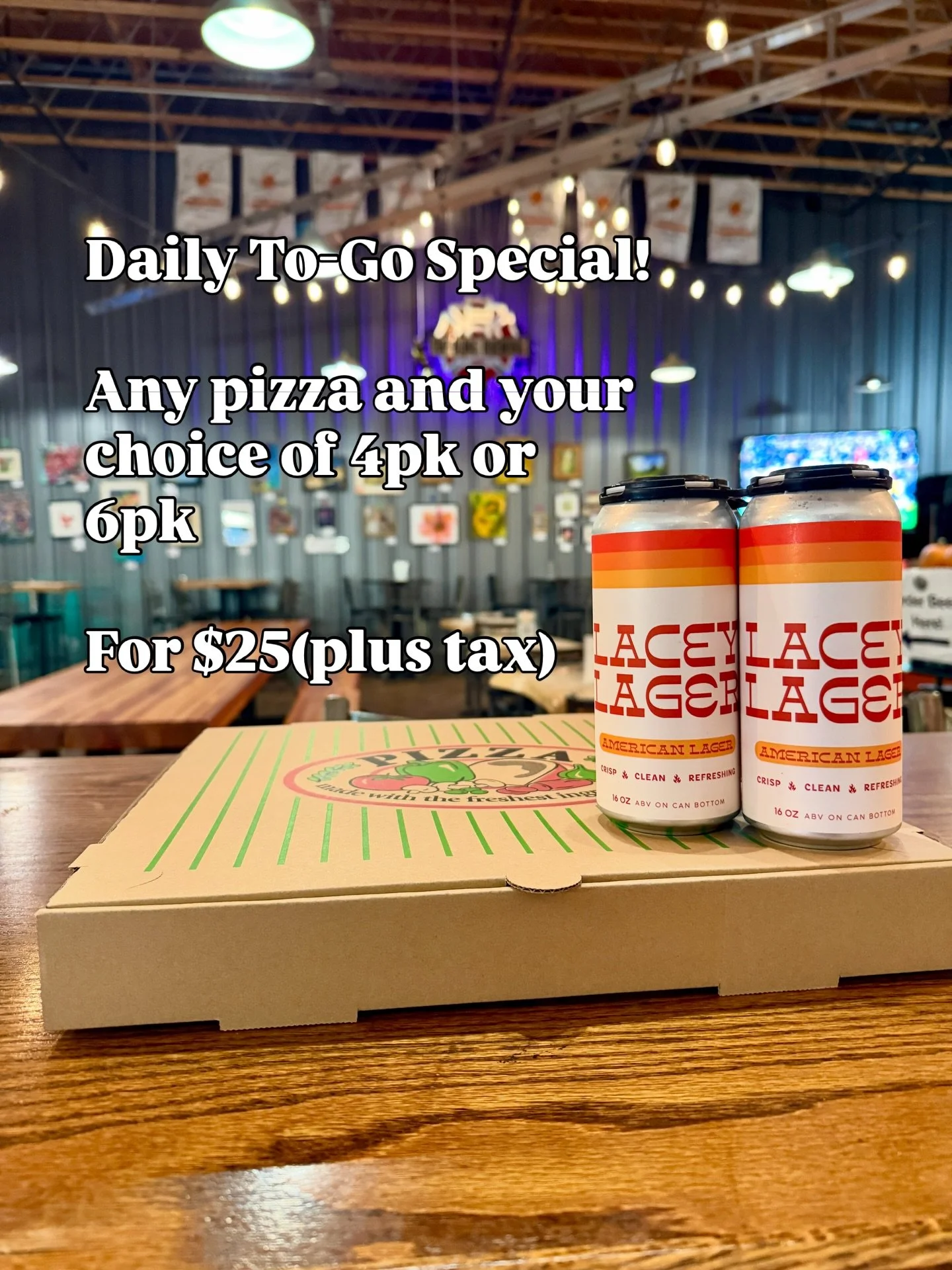 🍕🐢 Cowabunga To-Go Only Deal! 🍺
We&rsquo;ve got a daily special that&rsquo;s quick, easy, and turtle-approved:
Any pizza + any 4 or 6 pack to-go = $25 + tax.
Perfect grab-and-go dinner with some craft beer to match.
Hit the TMNT theme and roll out