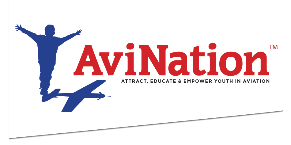 Logo with a blue silhouette of a child jumping and a plane, the word 'AviNation' in red, and the tagline 'Attract, Educate & Empower Youth in Aviation'.
