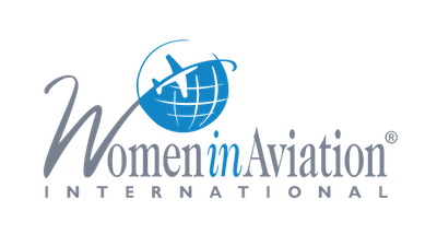 Logo for Women in Aviation International featuring a stylized blue airplane and text.