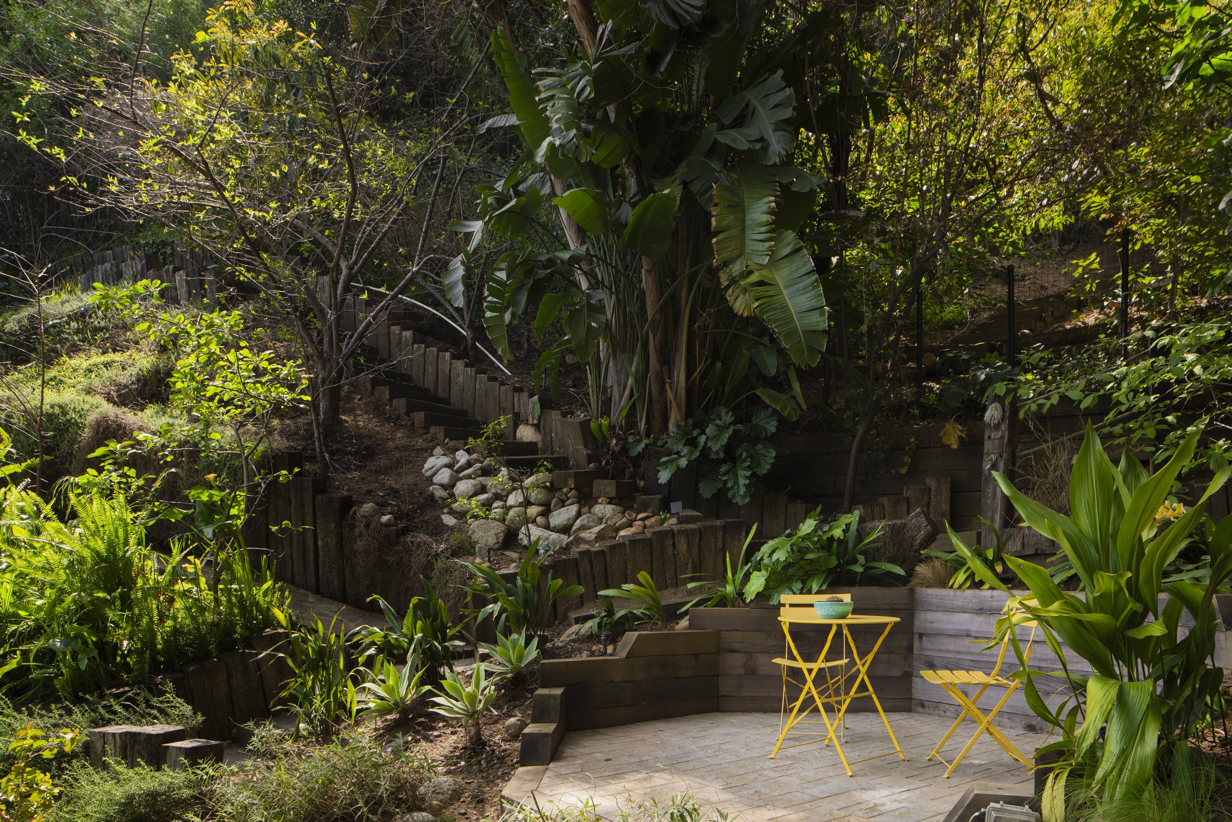 A lush backyard garden with a small paved patio area featuring a yellow table and two matching yellow chairs. The garden is densely populated with various green plants, shrubs, and trees, with a wooden staircase winding up a hillside in the backgroun