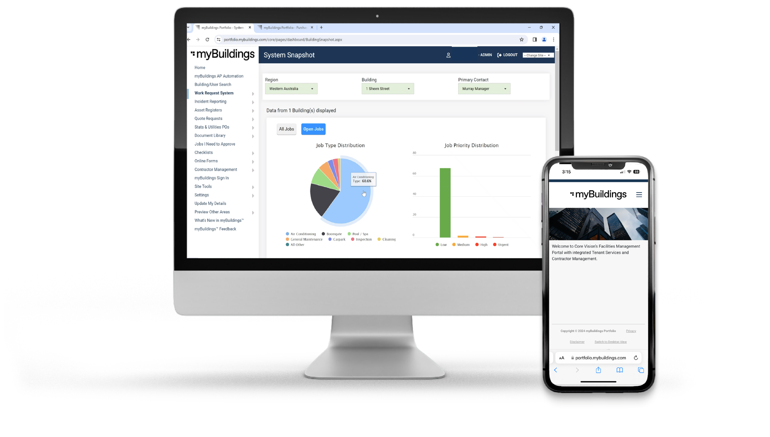myBuildings dashboard displayed on computer and mobile screen