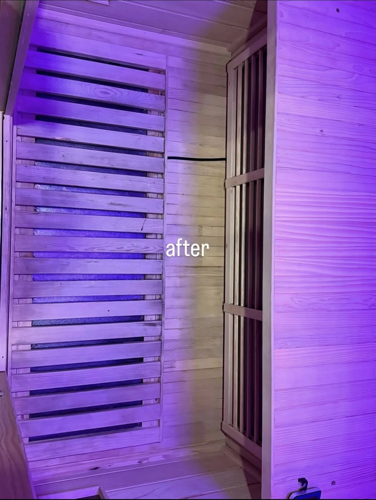 Interior of a wooden sauna with horizontal wooden slats on the walls, illuminated by purple lighting, with the word 'after' overlaid.