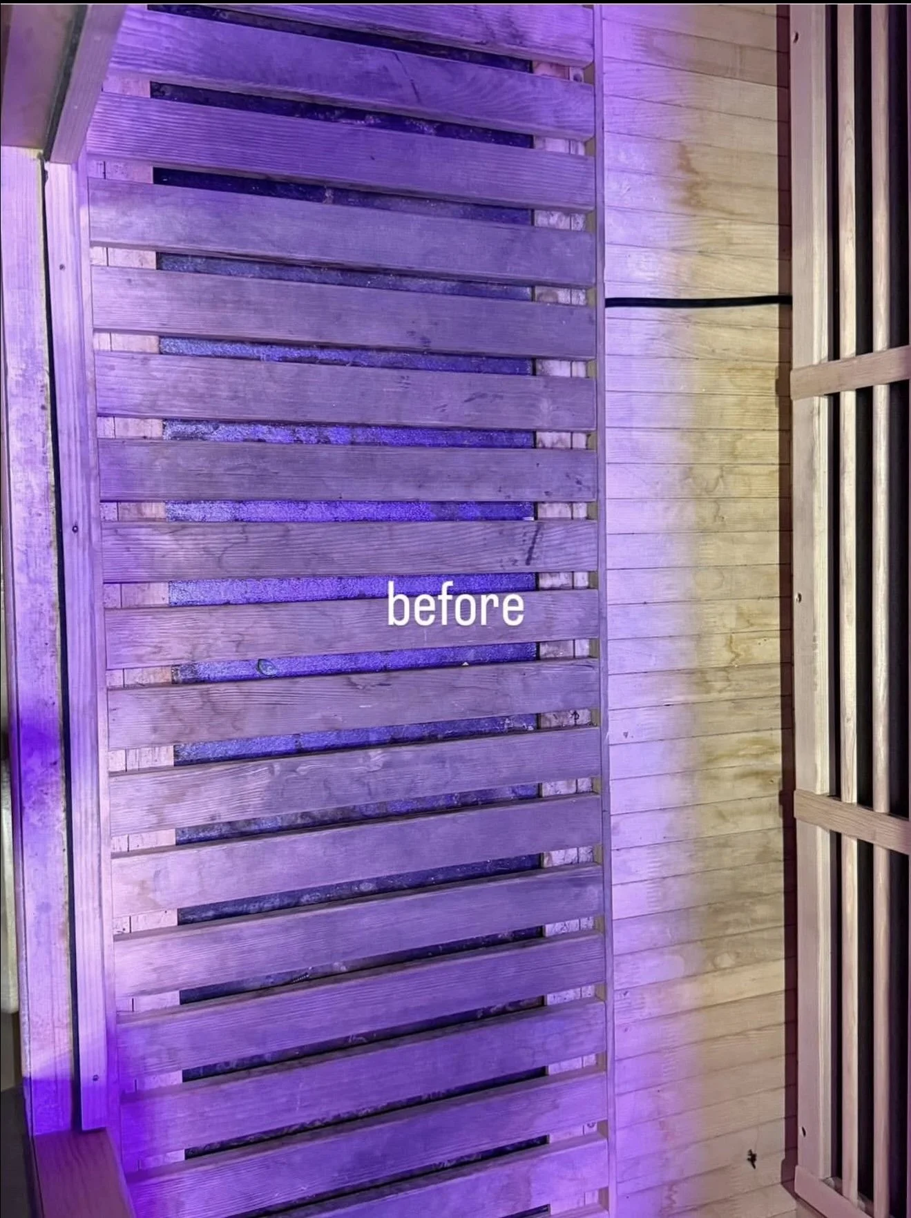 Wooden slatted bench or platform with purple lighting, labeled 'before'