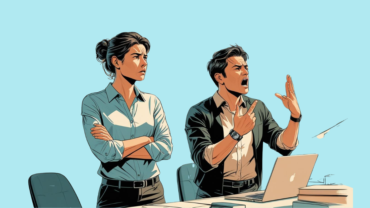 Two animated people in an office setting looking upset, one standing with arms crossed and the other gesturing while speaking.