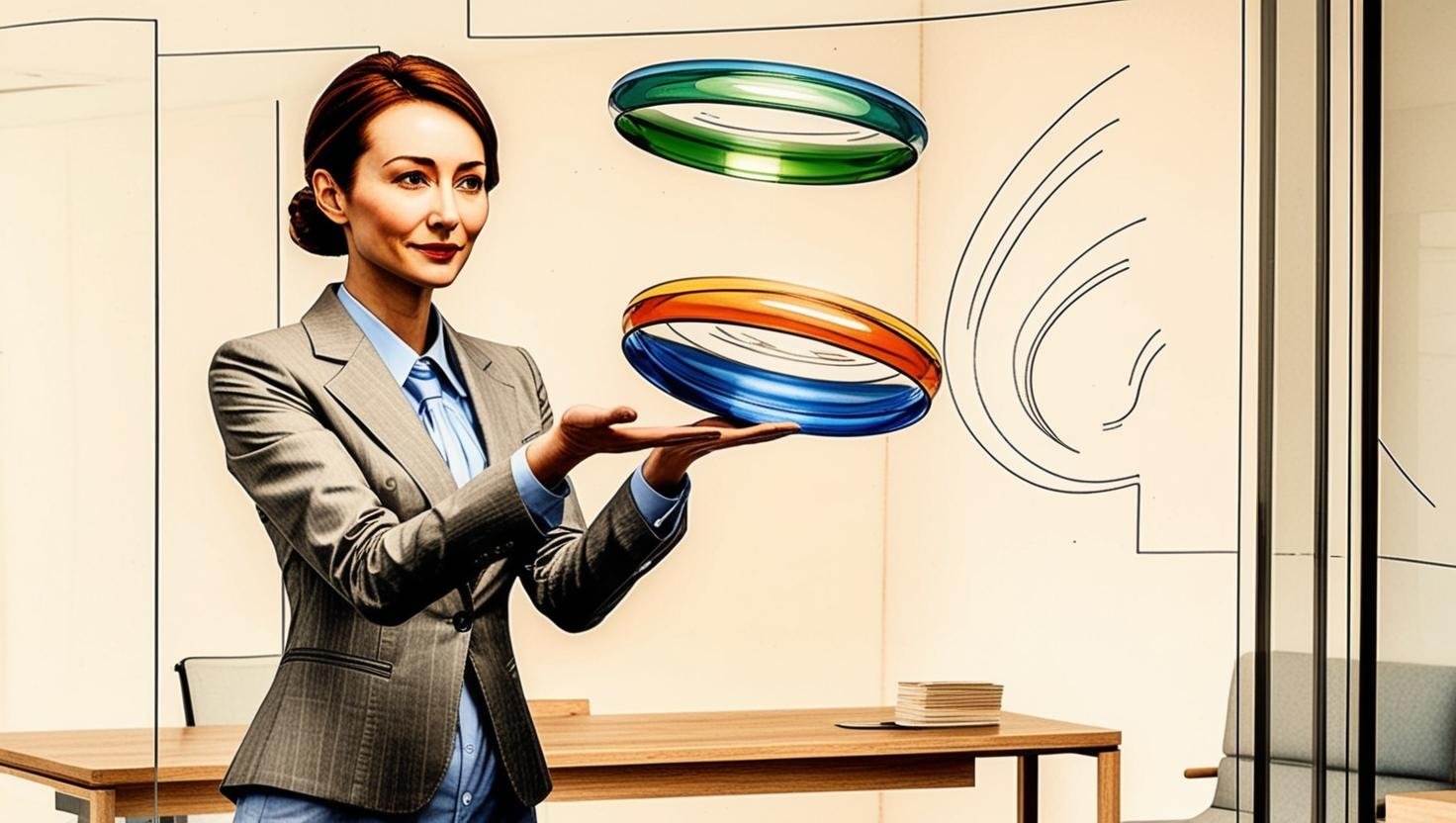A person wearing a gray business suit standing in an office, holding two floating translucent rings—one green and one orange‑blue.