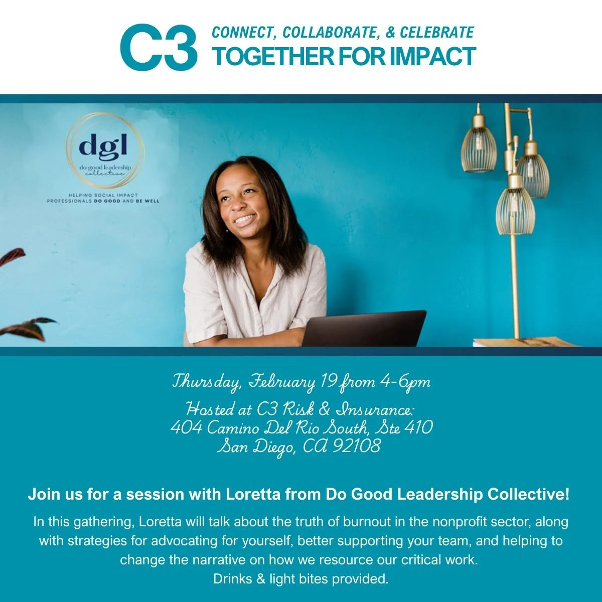 Our Founder, @loretta.leads will be speaking at the @c3insurance Together for Impact event this Thursday! Join us for food, drinks, and an honest conversation about how to bust the burnout myth 💥

Register via our stories and the 🔗 in our bio

#Wel